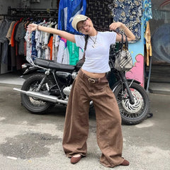 Lunivop Vintage Punk Leopard Print Jeans for Women American High Street Loose Wide Leg Pants Y2k Sexy Low-waist Denim Pants