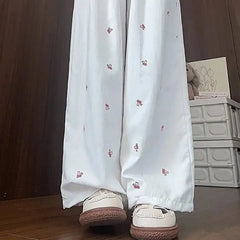 Lunivop Korean Commute Summer Thin Pants Women's Bow Printed Pockets Elastic High-waisted Loose Straight Casual Wide Leg Trousers