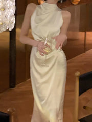 Lunivop Women Summer Halter Satin Midi Party Dress Sleeveless Bodycon Slim Casual Solid Birthday Vestidos Female One Pieces Fashion Robe