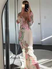 Lunivop Floral Print Long Sleeve Sexy Maxi Dress For Women Autumn New V Neck High Waist Ruffled Bodycon Elegant Long Dress