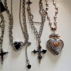 Lunivop Stainless Steel Star Cross Heart Pendant Necklace Layered Choker Charm Necklace Grunge Y2K Neck Jewelry For Men Women Accessory