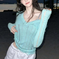 Lunivop 2024 Y2k Millenian-Style Design Sense Broken Perspective Hollow V-Neck Solid Color Smock Long Sleeve T-Shirt Waist Slim