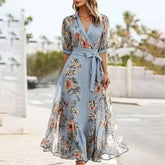 Lunivop Women V-neck Ruffle Short Sleeve Maxi Dress Waist Tight High-waist Hem Sweet Floral Print Chiffon Dress Female Clothing