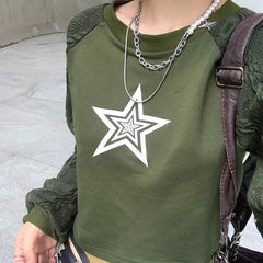 Lunivop Women Hip Hop Coats Harajuku Casual Loose Hooded Sweatshirt Green T-shirt Patchwork Star Print Hoodie Short Cut With Exposed