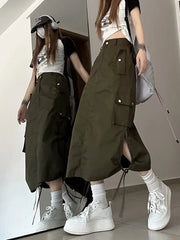 Lunivop American Retro Streetwear Cargo Skirt Women Fashion Slit Hip Hop Midi Skirts Summer High Waist Drawstring Pockets Skirt New