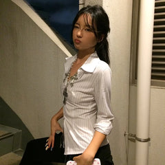 Lunivop Korean Style Casual Shirt Women Three Quarter Striped Shirts 2000s Japanese Y2k Vintage Tops Slim Retro Shirts Summer