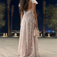 Lunivop Elegant Lace Appliqued Prom Dress Customized Square Neck Short Sleeves A Line Shining Evening Gowns Floor Length Prom Gowns