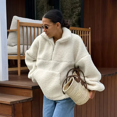 Lunivop Lamb Wool Sweatshirts for Women Elegant Long Sleeve Warm Pullovers Autumn Winter Casual Loose Basic Tops 2024 Beige