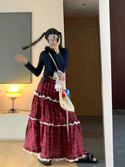 Lunivop Vintage Y2k Long Skirt Women Red Harajuku Streetwear Plaid Skirt Korean Style Retro Patchwork Ruffle Skirts Aesthetics
