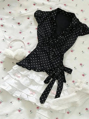 Lunivop Vintage Y2K Sweet 2 Piece Set Women Slim Fit Polka Dot Lapel Waist Cinched Top + White Lace Trim Mini Skirt Fashion Chic Outfit