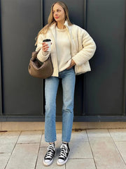 Lunivop Knitting Cotton Print Down Short Jackets Women Thickening Solid Zipper Stand Collar Jacket Female Winter Chic Windproof Outwear