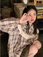 Lunivop Japan Cute Plaid Shirts Women Vintage Peter Pan Collar Kawaii Blouse Preppy Style Loose Long Sleeve Lady Lace Patchwork Top