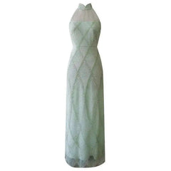 Lunivop 2025 New Chinese Style Beaded Diamond Pattern Elegant Women Dress Light Green Sheer Mesh Long Dresses Female
