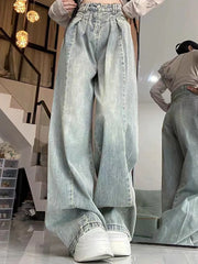 Lunivop Women Korean Pleated Jeans Girls High Waist Washed Wide Leg Pants Lady Fashion Loose Retro Blue Light Blue Denim Trousers