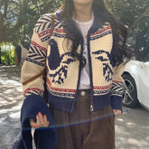 Lunivop Knitted Zip Up Cardigan Women Vintage Fair Isle Zipper Front Cropped Sweater Jacket Knitwear Autumn Winter Outfit