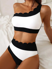 Lunivop Sexy Black White Patchwork Bikini Women Ruffles One Shoulder Push Up High Waist Swimsuit Summer Bathing Suit Vacation Swimwear