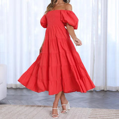 Lunivop Women Off Shoulder Solid Color Long Dress Summer Short Puff Sleeve Slash Neck A-Line High Waist Mid-Calf Sundress