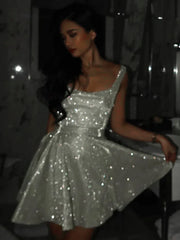 Lunivop Glitter Bright Silk Sparkling Women Dress Silver Spaghetti Strap A-line Dress Femme Autumn Skinny Elegant Party Clubwear