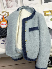 Lunivop Sweet Thick Warm Tweed Jacket Women O Neck Long Sleeve Winter Cotton Coat Elegant Fashion Patchwork Korean Chic Outwear Top