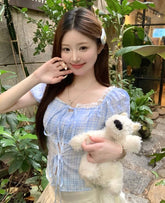 Lunivop Blouse Women Sweet Elegant Plaid Lace Patchwork Bandage Puff Short Sleeve Crop Tops Square Collar Female Casual Shirts