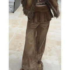 Lunivop Women's Brown Splicing Cargo Baggy Jeans Y2K Japanese Harajuku High Street 2000s Style Streetwear Aesthetic 90s Retro Jeans