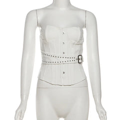 Lunivop Corset Strapless Tank Tops with Rivets Belt Women Sexy Hidden Button Fishbone Bustier Birthday Party Clubwear Hottie Y2K Vests