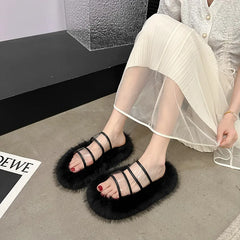 Lunivop New Women's Transparent Band Fuzzy Slippers Fashion Fur Thick Sole Flip Flops Winter Fluffy Open Toe House Slippers Indoor Shoes