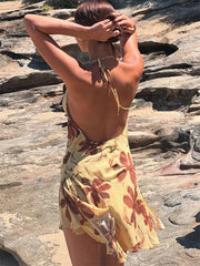 Lunivop Summer Printed Lace-Up Mini Dress For Women Slim Backless V-Neck Contrast Sexy Beach Holiday Bandage Dress Female Clothes