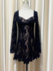 Lunivop Fashion Lace Dress Women's Square Collar Long Sleeve Backless Casual Dresses 2025 Summer New Tide