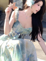 Lunivop Summer Ruffles Print Irregularity Long Dresses Elegant V-Neck Birthday Party Waistband Vestidos Holiday Beach Midi Dress New