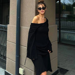 Lunivop Long Sleeve Knitting Backless Lace Up Long Ruffles Casual Dress New Manufacturer Solid 2024 New Y2K Clothing