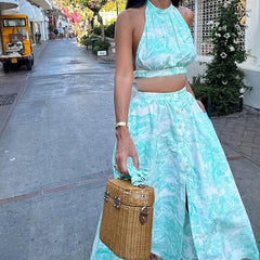 Lunivop Women Two Piece of Print Party Tie Waist Halter Top Botton Skirt Sexy Backless Outfit 2024 Sleeveless Blouse Skirt Set