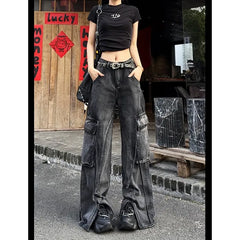 Lunivop Women Black Gothic Baggy Cargo Jeans Vintage 90s Aesthetic Y2k Denim Trouser Harajuku High Waist Cowboy Pants 2000s Clothes