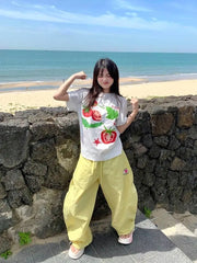 Lunivop T Shirts Women Sweet Cartoon Fruit Printed Short Sleeve O Neck Summer Fashion Loose Y2k Tops Female Casual Tshirt