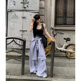 Lunivop Autumn New Fashion Blue Stripe High Elastic Waist Removable Decoration Pants New Loose Trousers Women Fashion Y2K Tide