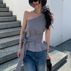 Lunivop Korea Chic Moda Irregular Skew Collar Vest Plaid Lace Up Off Shoulder Sling Camis New Elegant Ball Gown Slim Waist Tees
