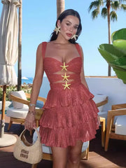 Lunivop Backless Shining Sleeveless Dresses Women Chic 3D Starfish Cake Dress For Woman Summer Beach Fashionable Dirty Pink Robes