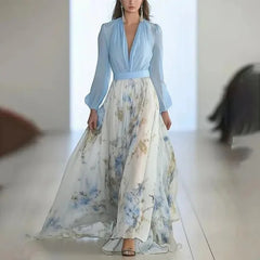 Lunivop Elegant Long Sleeve Maxi Dress Women Summer Fashion Slim Floral Print V-neck White Long Dresses Casual Ethnic Style Resort