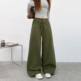 Lunivop Army Green Wide Leg Jeans for Women American Street Lace-Up Washed Denim Pants Woman Harajuku Fashion Baggy Trousers Female