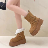 Lunivop New Winter Platform Flats Women Warm Plush Mid Calf Boots Fashion Belt Buckle Shoes Concise Cotton Short Botas De Mujer