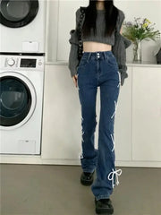 Lunivop American Alt Streetwear Women Pantalones De Mujer Bandage Jeans Wide Leg Denim Flare Pants Trousers Y2k