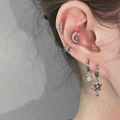 Lunivop 1PCS Silver Color Star Chain Double Ear Hole 316L Stainless Steel Ear Bone Nail Y2K Fashion Hottie Earrings for Women Jewelry