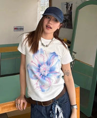 Lunivop Woman T Shirts O Neck Short Sleeve Slim Stretch Short Sleeve Flowers Printed Y2k Tops Vintage Fashion Tshirt Casual