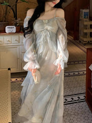 Lunivop Light Gray Square Neck Long Sleeve Women's Dress Shimmer Embellished Tiered Ruffle Maxi DressSheer Chiffon Fairy Casual Gown