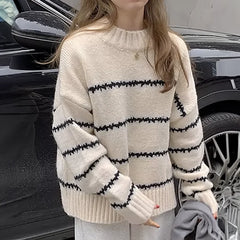 Lunivop Oversized Striped Sweater Mock Neck Pullover Women Cozy Knit Long Sleeve Jumper Fall Winter Korean Fashion Casual Daily Outfit