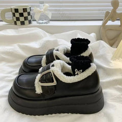 Lunivop Retro Leather Velvet Winter Women's Loafers Fashion Platform Mary Jane Shoes for Women Designer Casual Ladies Warm Cotton Shoes