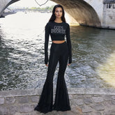 Lunivop O Neck Diamonds Rhinestone Long Sleeve Tshirt Top Long Flare Pant Women'S Sets Autumn Casual Clothing Fashion Korean