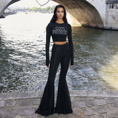 Lunivop O Neck Diamonds Rhinestone Long Sleeve Tshirt Top Long Flare Pant Women'S Sets Autumn Casual Clothing Fashion Korean