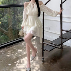 Lunivop Elegant Chiffon Dresses for Women Fairycore Casual White Dress Sweet Korean Fashion Off Shoulder Summer Mini Dress Slim