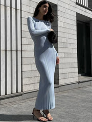 Lunivop Knitted Round Neck Ruched Women Maxi Dress Blue Long Sleeve High Waist Dress Femme Autumn Skinny Casual Party Streetwear
